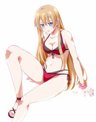 1girl artist_name bikini blush breasts brown_hair cleavage double-parted_bangs frilled_wrist_cuffs frills green_eyes hair_between_eyes hiiragi_asuka_(tokyo_xanadu) long_hair long_sidelocks looking_at_viewer medium_breasts navel sidelocks simple_background sitting solo swimsuit tokyo_xanadu white_background wrist_cuffs xiacheng_tatsuya