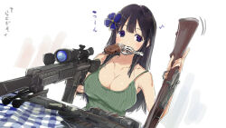 1girl assault_rifle black_hair blue_bow blue_eyes blush bow breasts casual cleavage collarbone commentary covered_erect_nipples eighth_note green_tank_top gun gun_in_mouth hair_bow hair_ornament handgun heart holding holding_gun holding_weapon large_breasts long_hair looking_at_viewer motion_lines musical_note official_art rifle ryouki_(senran_kagura) scope senran_kagura senran_kagura_estival_versus shiny_skin sniper_rifle solo spoken_heart spoken_musical_note tablecloth tank_top translation_request weapon weapon_request yaegashi_nan