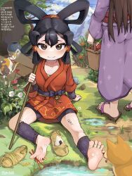 2girls barefoot between_toes black_hair blue_sky blush brown_eyes brown_hair cat dog feet food gbm_(white_whale) greek_toe highres looking_at_viewer multiple_girls onigiri rice sakuna-hime sandals sitting sky smile soles sweatdrop tensui_no_sakuna-hime toes unworn_sandals