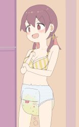 1girl absurdres aged_down blush bra breasts brown_eyes brown_hair diaper female_focus highres leaking_diaper loli looking_at_another medium_breasts medium_hair murosaki_miyo navel onii-chan_wa_oshimai! open_mouth pee peeing peeing_diaper peeing_self print_diaper pull-up_diaper solo standing steam u3042u3044u3046u3048u51a0 underwear wet wet_diaper