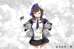 Rule 34 | 2girls, black hair, black skirt, blue hairband, blue jacket, blue necktie, blunt sidelocks, closed eyes, cowboy shot, facing viewer, flying sweatdrops, freckles, hairband, hatsuzuki (kancolle), jacket, kantai collection, long hair, looking at viewer, military uniform, mogador (kancolle), multicolored jacket, multiple girls, necktie, oso (toolate), sidelocks, skirt, smoke, two-tone jacket
