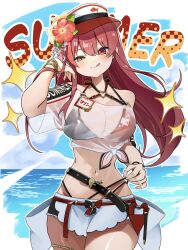 1girl :q belt bikini bikini_under_clothes blush bracelet breasts cleavage clothes_writing cowboy_shot english_text flower heterochromia highres hololive holonatsu_paradise houshou_marine houshou_marine_(holonatsu_paradise) jewelry large_breasts long_hair looking_at_viewer name_tag navel o-ring o-ring_thigh_strap ocean official_alternate_costume red_eyes red_hair see-through_clothes shirt smile solo stomach swimsuit thigh_strap tied_shirt tongue tongue_out virtual_youtuber yellow_eyes yuuran_ki