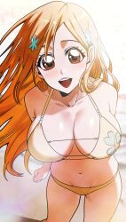 Rule 34 | 1girl, absurdres, bare shoulders, bikini, bleach, breasts, brown eyes, cleavage, collarbone, female focus, hair ornament, hairclip, highres, inoue orihime, large breasts, long hair, looking at viewer, n (nauki 11), navel, open mouth, orange hair, shiny skin, smile, solo, standing, swimsuit