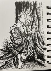 1girl absurdres arm_ribbon barefoot chirizuka_ubame closed_mouth commentary_request criss-cross_halter crop_top greyscale halterneck headpiece highres holding long_hair monochrome outdoors photo_(medium) ribbon skirt solo suteruko toes touhou traditional_media tree very_long_hair