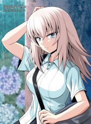 1girl absurdres blue_eyes blurry breasts collared_shirt depth_of_field dress_shirt flower girls_und_panzer grey_bag grey_hair hair_between_eyes highres hydrangea itsumi_erika kamishima_kanon kuromorimine_school_uniform long_hair looking_at_viewer school_uniform shirt short_sleeves solo white_shirt