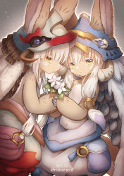 2others animal_ears armor blackcat_(blackcatbox) blue_headwear blunt_bangs dated ears_through_headwear fake_horns feet_out_of_frame flower furry green_eyes helmet holding holding_flower horned_helmet horns japanese_armor kabuto_(helmet) looking_at_viewer made_in_abyss multiple_others nanachi_(made_in_abyss) navel o-ring pants pelt pouch profile rabbit_ears sidelocks topless_other whiskers white_hair yellow_eyes
