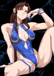Rule 34 | 92penpen, blue one-piece swimsuit, braid, brown eyes, capcom, casual one-piece swimsuit, chun-li, cleavage cutout, clothing cutout, commentary request, corruption, covered navel, dark persona, hair down, highleg, highleg one-piece swimsuit, highres, long hair, official alternate costume, one-piece swimsuit, red eyes, spread legs, street fighter, street fighter 6, street fighter ii v, swimsuit