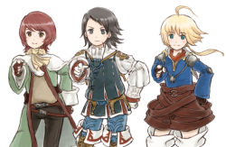 00s 1990s_(style) 3boys arc arc_(ff3) belt black_eyes black_hair blonde_hair blue_eyes boots brown_eyes brown_hair child final_fantasy final_fantasy_iii final_fantasy_tactics_advance final_fantasy_xii fingerless_gloves freckles gloves hand_on_own_hip hare_hare_yukai jewelry larsa_ferrinas_solidor male_focus marche_radiuju multiple_boys necklace pants piranosuke prince pteruges shorts thigh_boots thighhighs white_gloves