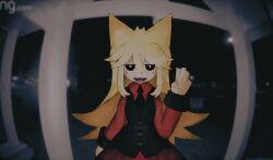 1girl absurdres animal_ears bad_id bad_twitter_id black_eyes black_necktie black_vest blonde_hair blush_stickers bright_pupils collared_shirt commentary cowboy_shot english_commentary fisheye funamusea hand_up highres iesonatana inactive_account long_hair long_sidelocks long_sleeves looking_at_viewer moge-ko mogeko_castle necktie night open_mouth outdoors pov_peephole red_shirt red_skirt ring_camera shirt sidelocks skirt smile solo standing straight-on very_long_hair vest white_pupils