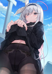 1girl black_hairband black_pantyhose black_serafuku black_shirt black_skirt blue_archive blue_sky bow clothes_lift day frilled_panties frills from_below grey_eyes hair_bow hair_over_one_eye hairband halo highres lifting_own_clothes loli long_hair moti_ken navel outdoors panties panties_under_pantyhose pantyhose plana_(blue_archive) pleated_skirt red_halo red_pupils revision school_uniform serafuku shirt skirt skirt_lift sky solo underwear very_long_hair white_bow