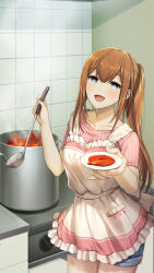 1girl :d apron archived_source blue_eyes blue_shorts bow breasts brown_hair collarbone cooking cooking_pot cowboy_shot denim denim_shorts food frilled_apron frills game_cg hair_between_eyes highres holding holding_ladle holding_plate huke indoors kitchen ladle long_hair looking_at_viewer makise_kurisu medium_breasts official_alternate_costume official_alternate_hairstyle official_art open_mouth pink_sweater plate ponytail ribbed_sweater short_shorts short_sleeves shorts smile solo soup_ladle standing steins;gate sweater tasting_plate third-party_source white_apron white_bow