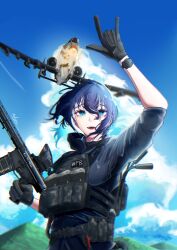 1girl \n/ a-10_thunderbolt_ii absurdres aircraft airplane ammunition_pouch ar-15 arm_up assault_rifle blue_eyes blue_hair bulletproof_vest chinese_commentary cloud commentary_request day english_text fighter_jet firing gloves gun highres holding holding_gun holding_weapon hood hoodie mafuyu_0213 magazine_(weapon) military military_vehicle mole mole_under_eye mountain open_mouth original outdoors pouch rifle signature solo watch weapon wristwatch