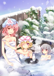3girls :c bathing blonde_hair bottle breast_envy breasts cleavage collarbone crossed_arms cup enjoy_mix hair_up hand_in_own_hair hat hat_ribbon konpaku_youmu looking_at_viewer medium_breasts multiple_girls naked_towel one_eye_closed onsen open_mouth pink_eyes pink_hair plate purple_eyes ribbon saigyouji_yuyuko sakazuki sake_bottle silver_hair smile snow snowing touhou towel triangular_headpiece wink yakumo_yukari