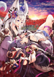 218 2girls :d ;) animal_ear_fluff animal_ears bare_shoulders barefoot bell black_hair black_socks blurry blurry_foreground breasts brown_eyes cleavage closed_mouth cloud cloudy_sky commentary_request dated depth_of_field detached_sleeves erune fox_ears fox_girl fox_tail granblue_fantasy hair_bell hair_ornament hair_ribbon highres jingle_bell kneehighs knees_up lap_pillow long_hair long_sleeves lying medium_breasts milestone_celebration multiple_girls on_back one_eye_closed open_mouth outdoors puffy_long_sleeves puffy_sleeves purple_eyes purple_ribbon purple_sleeves ribbon signature sky smile societte_(granblue_fantasy) socks soles stirrup_legwear sunset tail thank_you tiptoes toeless_legwear twitter_username very_long_hair white_hair yuel_(granblue_fantasy) yuel_(water)_(granblue_fantasy)