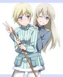 10s 2girls androgynous bad_id bad_pixiv_id blonde_hair brave_witches broom eila_ilmatar_juutilainen grin long_hair military military_uniform multiple_girls nikka_edvardine_katajainen one_eye_closed pantyhose purple_eyes short_hair smile strike_witches sweatdrop v white_pantyhose wink world_witches_series youkan