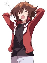 Rule 34 | 1boy, anime coloring, arms behind head, black shirt, blush, brown hair, closed eyes, cowboy shot, highres, jacket, long sleeves, male focus, niyane, open clothes, open jacket, open mouth, pants, red jacket, shirt, short hair, simple background, solo, squeans, white background, white pants, yawning, yu-gi-oh!, yu-gi-oh! gx, yuki judai