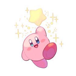 1boy :d arm_up blue_eyes blush_stickers bright_pupils full_body hoshikuzu_pan kirby kirby_(series) looking_at_viewer nintendo no_humans no_nose open_mouth smile solo sparkle standing standing_on_one_leg star_(symbol) straight-on warp_star white_background white_pupils
