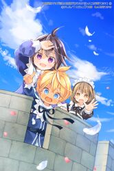 :d arm_up black_dress black_hair black_ribbon blonde_hair blue_eyes blue_jacket blue_sky brown_eyes brown_hair character_request cloud collared_dress commentary_request day dress feathers hair_between_eyes jacket kuga_tsukasa long_sleeves maid maid_headdress neck_ribbon official_art open_mouth outdoors puffy_long_sleeves puffy_sleeves purple_eyes ribbon shirobuta_kizoku_desu_ga_zense_no_kioku_ga_haeta_node_hiyoko_na_otouto_sodatemasu sky smile white_feathers