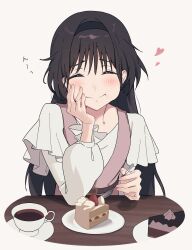 1girl black_hair black_hairband blush cake cake_slice closed_eyes closed_mouth cup dress eating food fork grey_background hairband head_rest heart highres holding holding_fork kaoru_hana_wa_rin_to_saku lie_lack1080 long_hair long_sleeves pink_dress plate shirt shirt_under_dress simple_background solo table tea teacup upper_body waguri_kaoruko white_shirt
