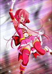 1girl absurdres arm_up attack back_bow bare_shoulders blood blush body_blush boots bow breasts brooch closed_eyes clover_rose collared_dress covered_navel cuts day detached_sleeves dirty dirty_clothes dress fighting flower gloves hair_between_eyes hair_flower hair_ornament hairband highres injury jewelry knee_boots koeda0111 lace lace-trimmed_dress lace_trim large_bow leg_up long_sidelocks magical_girl miniskirt motion_lines multicolored_dress multicolored_skirt open_mouth original pain panties pantyshot peril pink_dress pink_eyes pink_hair pleated_skirt red_bow red_hairband ryona scratches shirt short_dress short_hair short_hair_with_long_locks sidelocks skirt sleeveless sleeveless_dress small_breasts smile solo thighhighs torn torn_clothes torn_dress torn_shirt torn_skirt torn_thighhighs underwear utsugi_chisaki very_long_sidelocks violence yotsuba_no_senki_clover_rose zettai_ryouiki