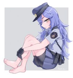 1girl artist_name barefoot belt_pouch bike_shorts black_gloves blue_hair blue_shirt blue_skirt borrowed_character commentary_request desert_(desel_1) feet full_body gloves grey_background hat highres long_hair looking_at_viewer original peaked_cap pleated_skirt police police_uniform policewoman pouch saeki_tsubasa_(hakoniwa_keikaku) shirt short_sleeves sitting skirt solo toes two-tone_background white_background yellow_eyes