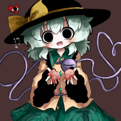 Rule 34 | 1girl, :d, black eyes, black hat, blouse, bow, brown background, buttons, commentary request, cowboy shot, diamond button, frilled shirt collar, frilled sleeves, frills, green hair, green skirt, hat, hat bow, hat ribbon, heart, heart of string, heripantomorrow, holding, komeiji koishi, long sleeves, looking at viewer, medium hair, open mouth, ribbon, shirt, simple background, skirt, smile, solo, third eye, touhou, translation request, wide sleeves, yandere, yellow bow, yellow ribbon, yellow shirt