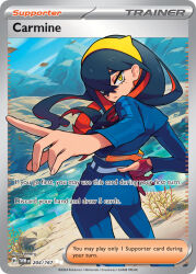 1girl akikan_(kantaro) arm_behind_back artist_name black_hair blue_pants blue_shirt blue_sky blueberry_academy_school_uniform card_(medium) carmine_(pokemon) character_name closed_mouth colored_inner_hair company_name copyright_name copyright_notice english_text eyelashes gloves hair_between_eyes hairband long_sleeves looking_back mole mole_under_eye multicolored_hair nintendo official_art outdoors outstretched_arm pants partially_fingerless_gloves pokemon pokemon_card pokemon_sv pokemon_tcg red_gloves red_hair school_uniform shirt single_glove sky solo third-party_source trading_card two-tone_hair yellow_eyes yellow_hairband