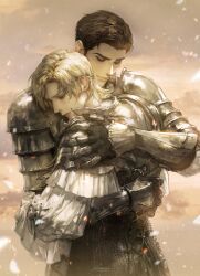 2boys armor blonde_hair brown_hair chainmail closed_eyes dion_lesage dragoon falling_feathers feathers final_fantasy final_fantasy_xvi highres hug knight korean_commentary metal_gloves multiple_boys pauldrons plate_armor short_hair shoulder_armor signature sky terrence_(ff16) vlfdus_0 white_sleeves yaoi yellow_eyes