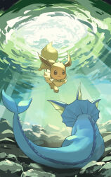 Rule 34 | bandana, bandana around neck, blue fur, body fur, brown fur, eevee, fins, full body, gen 1 pokemon, head fins, highres, looking at another, nintendo, no humans, pokemon, pokemon (creature), pokemon mystery dungeon, underwater, vaporeon, yamaori (hakkentai pokedan)