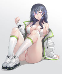 1girl ass bare_shoulders bikini black_hair breasts cameltoe criss-cross_halter drawstring full_body grey_background halterneck highres jacket kneehighs knees_up large_breasts long_hair long_sleeves looking_at_viewer original pink_eyes shoes simple_background sitting socks solo swimsuit thighs white_bikini white_jacket white_shoes white_socks wookyung