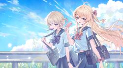 Rule 34 | 2girls, ahoge, blonde hair, commentary, food, food in mouth, fortissimo, hair ornament, hair ribbon, highres, holding, holding food, holding popsicle, hololive, hololive dev is, long hair, looking at viewer, multicolored hair, multiple girls, musical note, musical note hair ornament, one side up, open mouth, otonose kanade, outdoors, popsicle, popsicle in mouth, ppot, purple eyes, purple hair, red eyes, red ribbon, ribbon, school uniform, short hair, streaked hair, todoroki hajime, two side up, virtual youtuber