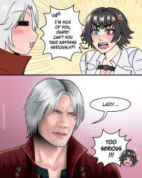 1boy 1girl absurdres anger_vein artist_name black_hair can&#039;t_you_take_anything_seriously?_(meme) coat dangerousbride dante_(devil_may_cry) devil_may_cry_(series) emphasis_lines flying_sweatdrops green_eyes heterochromia highres lady_(devil_may_cry) meme red_coat red_eyes scar scar_on_face scar_on_nose speech_bubble white_hair