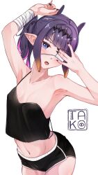 1girl absurdres arm_up armpits bandaged_arm bandages black_camisole black_nails black_shorts blue_eyes blunt_bangs breasts camisole colored_inner_hair commentary crop_top dolphin_shorts eyepatch gradient_hair hand_over_eye hand_up highres hololive hololive_english looking_at_viewer medical_eyepatch midriff multicolored_hair nail_polish navel ninomae_ina&#039;nis official_alternate_hairstyle open_mouth orange_hair pink_hair pointy_ears purple_hair short_hair short_shorts shorts sidelocks simple_background small_breasts solo strap_slip takoroki tentacle_hair virtual_youtuber white_background