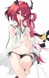 1girl absurdres arknights bare_legs bare_shoulders barefoot black_panties breasts collarbone demon_girl demon_horns diieru hair_between_eyes hair_intakes highres horns light_blush long_hair looking_at_viewer mouth_hold navel panties purple_eyes red_hair see-through_clothes side-tie_panties small_breasts solo stomach surtr_(arknights) thighs underwear