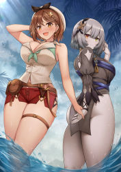 2girls :d :o absurdres ass atelier_(series) atelier_ryza atelier_ryza_2 belt black_skirt blue_sky braid breasts brown_belt brown_eyes brown_hair cleavage cloud day grey_hair grey_leotard hair_ornament hairclip hand_in_own_hair heterochromia highres holding_hands kannko_bokujou large_breasts leather_belt leotard looking_at_viewer looking_back multiple_girls open_mouth pale_skin palms puffy_short_sleeves puffy_sleeves red_shorts reisalin_stout revision serri_glaus shallow_water short_hair short_shorts short_sleeves shorts single_sidelock skirt sky smile standing thick_thighs thigh_strap thighs wading water wet wet_clothes white_headwear yellow_eyes