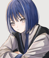 1girl black_sweater_vest blue_hair blue_necktie bob_cut bright_pupils collared_shirt commentary_request grey_background grey_eyes highres medium_hair multicolored_hair necktie original school_uniform shirt signature solo streaked_hair sweater_vest two-tone_hair white_hair white_pupils white_shirt yoruse