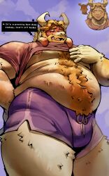 2boys absurdres antlers artist_name asgore_dreemurr bara beard belly blonde_hair blush brown_fur chest_hair closed_eyes closed_mouth clothes_lift commentary deltarune english_commentary english_text facial_hair facing_to_the_side facing_viewer fangs fat fat_man floppy_ears furrowed_brow furry furry_male goat_horns highres horns looking_at_another makota_toh male_focus multiple_boys multiple_views nipples pectorals pink_shirt reindeer_antlers reindeer_boy rudolph_holiday shirt shirt_lift skin_fangs speech_bubble stomach_hair sweat tongue tongue_out twitter_username very_sweaty white_fur