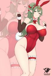 1girl absurdres alternate_costume animal_ears artist_logo artist_name bare_shoulders bow bowtie breasts cleavage closed_mouth detached_collar elbow_gloves fake_animal_ears fake_tail fire_emblem fire_emblem_awakening gloves green_eyes green_hair highleg highleg_leotard highres huge_breasts kaos_art leotard logo long_hair looking_at_viewer nintendo patreon_username playboy_bunny pointy_ears ponytail rabbit_ears rabbit_tail red_bow red_bowtie red_leotard sidelocks simple_background smile solo strapless strapless_leotard tail thighs tiki_(adult)_(fire_emblem) tiki_(fire_emblem) wrist_cuffs
