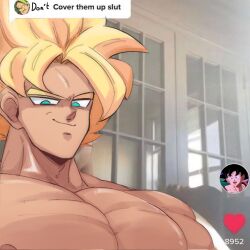 Rule 34 | 1boy, bara, broly (dragon ball z), commentary, cover them up slut (meme), dialogue box, dragon ball, dragonball z, english commentary, english text, flexing pectorals, large pectorals, looking at viewer, male focus, meme, muscular, muscular male, nipples, nude, pectorals, photo background, portrait, sake (sak3 xml), sanpaku, short hair, smirk, solo, son goku, spiked hair, super saiyan, super saiyan 1, thick eyebrows, user interface