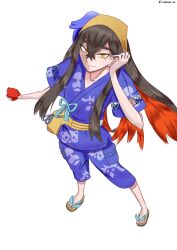 Rule 34 | 1girl, absurdres, arm at side, artist request, black hair, breasts, carmine (pokemon), clenched hands, collarbone, colored inner hair, crossed bangs, eyebrows hidden by hair, eyelashes, fanny pack, feet, female focus, from above, full body, geta, hair between eyes, hair ornament, hairband, half-closed eyes, hand up, highres, holding, holding poke ball, huge filesize, japanese clothes, jinbei (clothes), long hair, looking at viewer, looking up, mask, mask on head, medium breasts, mole, mole under eye, multicolored hair, neck, nintendo, official alternate costume, poke ball, pokemon, pokemon sv, red hair, sandals, short sleeves, shorts, sidelocks, simple background, smile, standing, toenails, toes, traditional clothes, wavy hair, white background, wide sleeves, yellow bag, yellow eyes, yellow hairband