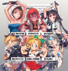 6+girls animal_ears arknights armpits arms_up artist_name bandeau bare_shoulders black_gloves black_hair black_neckwear blonde_hair blue_eyes blue_tube_top blush bow breasts brown_hair capcom cat_ears cat_tail character_name choker cleavage cuffs detached_sleeves dress elsword english_text eve_(elsword) feet_out_of_frame fingerless_gloves floating_hair frilled_sleeves frills fur_trim gloves gradient_hair green_bow green_eyes grey_hair gun hair_bow hat highres jill_valentine kooh large_breasts long_hair long_sleeves looking_at_viewer mace mega_man_(classic) mega_man_(series) mousse_(arknights) multicolored_hair multiple_drawing_challenge multiple_girls one_eye_closed open_mouth orange_eyes orange_scarf pangya parted_lips peeape_(nathakitt) ponytail puffy_short_sleeves puffy_sleeves red_dress red_eyes red_hair resident_evil resident_evil_3:_nemesis robot_girl roll_(mega_man) rune_factory rune_factory_3 scarf short_hair short_sleeves six_fanarts_challenge small_breasts spiked_mace spikes strapless swept_bangs tail thighhighs toona tube_top twintails weapon white_hair wink