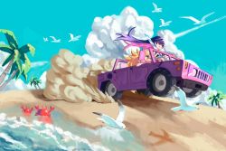 2girls beach bird calilo car colored_inner_hair crab driving hummer katana motor_vehicle multicolored_hair multiple_girls panty_&amp;_stocking_with_garterbelt panty_(psg) sand seagull see-through_(psg) siblings sisters stocking_(psg) sword two-tone_hair vehicle_focus weapon