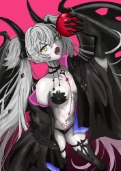 1girl absurdres apple bare_shoulders black_cloak black_panties black_thighhighs body_markings breasts choker cloak covered_erect_nipples crossed_bangs demon_girl demon_horns demon_wings ear_piercing fate/grand_order fate_(series) food fruit green_eyes grey_hair hair_between_eyes highres horns lilith_(fate) long_hair looking_at_viewer medium_breasts navel off_shoulder open_mouth panties piercing pointy_ears stomach_tattoo tattoo thighhighs thighs tongue tongue_out twintails underwear very_long_hair wings yms