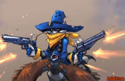 1boy animal_ears black_fur black_pants blue_hat blue_shirt blue_vest bullet_hole chaps cowboy cowboy_hat dual_wielding furry furry_male grey_fur gun hat holding holding_gun holding_weapon joe_madureira looking_at_viewer male_focus masked mouth_hold multicolored_fur neckerchief pants raccoon_boy raccoon_ears raccoon_tail shirt sly_cooper sly_cooper_(series) smoke stalk_in_mouth tail third-party_source vest weapon western