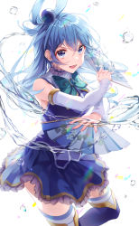 1girl absurdres aqua_(konosuba) bare_shoulders blue_dress blue_eyes blue_footwear blue_hair bow bowtie breasts brooch detached_sleeves dress green_bow green_bowtie hair_ornament hand_fan hands_up highres holding holding_fan jewelry kono_subarashii_sekai_ni_shukufuku_wo! long_hair long_sleeves looking_at_viewer medium_breasts nagul short_dress sideboob skirt solo standing thighhighs water white_background white_thighhighs