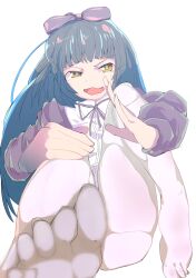 1girl alice_chococake black_hair blue_pupils bow collared_shirt commentary_request cookie_(touhou) full_body hair_bow highres hime_cut jacket looking_at_viewer neck_ribbon no_shoes open_clothes open_jacket open_mouth orange_eyes pantyhose purple_bow purple_jacket purple_ribbon ribbon shirt shunga_youkyu simple_background sitting solo star_sapphire touhou white_background white_pantyhose white_shirt
