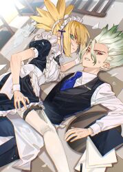 1boy 1girl apron black_vest blonde_hair blue_necktie dr._stone happyfrogpopo highres ishigami_senkuu knife kohaku_(dr._stone) maid maid_apron multicolored_hair necktie paper ponytail shirt spiked_hair split_ponytail tall_hair two-tone_hair vest white_shirt