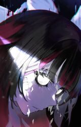 Rule 34 | 1girl, absurdres, black background, black hair, blunt bangs, columbina (genshin impact), eye mask, genshin impact, glitch, head wings, highres, lempika, light particles, moon, multicolored hair, parted lips, portrait, purple hair, solo, streaked hair, torn mask, white mask, wings