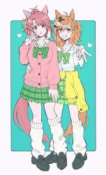 2girls ahoge alternate_costume animal_ears black_shoes bow bowtie brown_eyes brown_hair cardigan cardigan_around_waist checkered_ribbon clothes_around_waist collared_shirt commentary dantsu_flame_(umamusume) ear_covers ear_ribbon green_bow green_bowtie green_skirt grin hair_between_eyes hair_ornament hairclip highres horse_ears horse_girl jungle_pocket_(umamusume) loafers long_sleeves looking_at_viewer loose_socks medium_hair multiple_girls notched_ear pink_cardigan plaid_clothes plaid_skirt pleated_skirt sanayama_(thou_uoht) shirt shoes skirt smile socks umamusume v white_shirt white_socks yellow_cardigan yellow_eyes