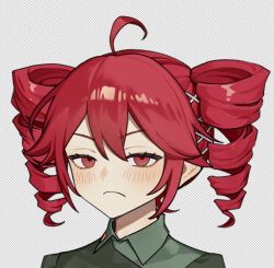 1girl ahoge annoyed blush closed_mouth collared_shirt double-parted_bangs drill_hair frown grey_background hair_between_eyes highres junlin_drake kasane_teto kasane_teto_(voicepeak) looking_at_viewer portrait red_eyes red_hair shirt smile solo twin_drills utau variant_set voicepeak wing_collar